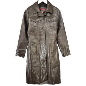 Vintage Jennyfer J Dark Brown Leather-Like Vinyl Coat sz M
